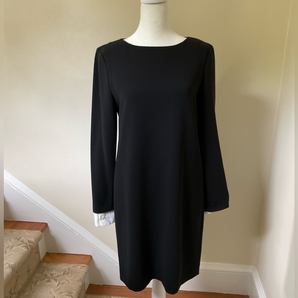 Theory Black Long Sleeve Sheath Dress with Removable White Shirt Cuffs